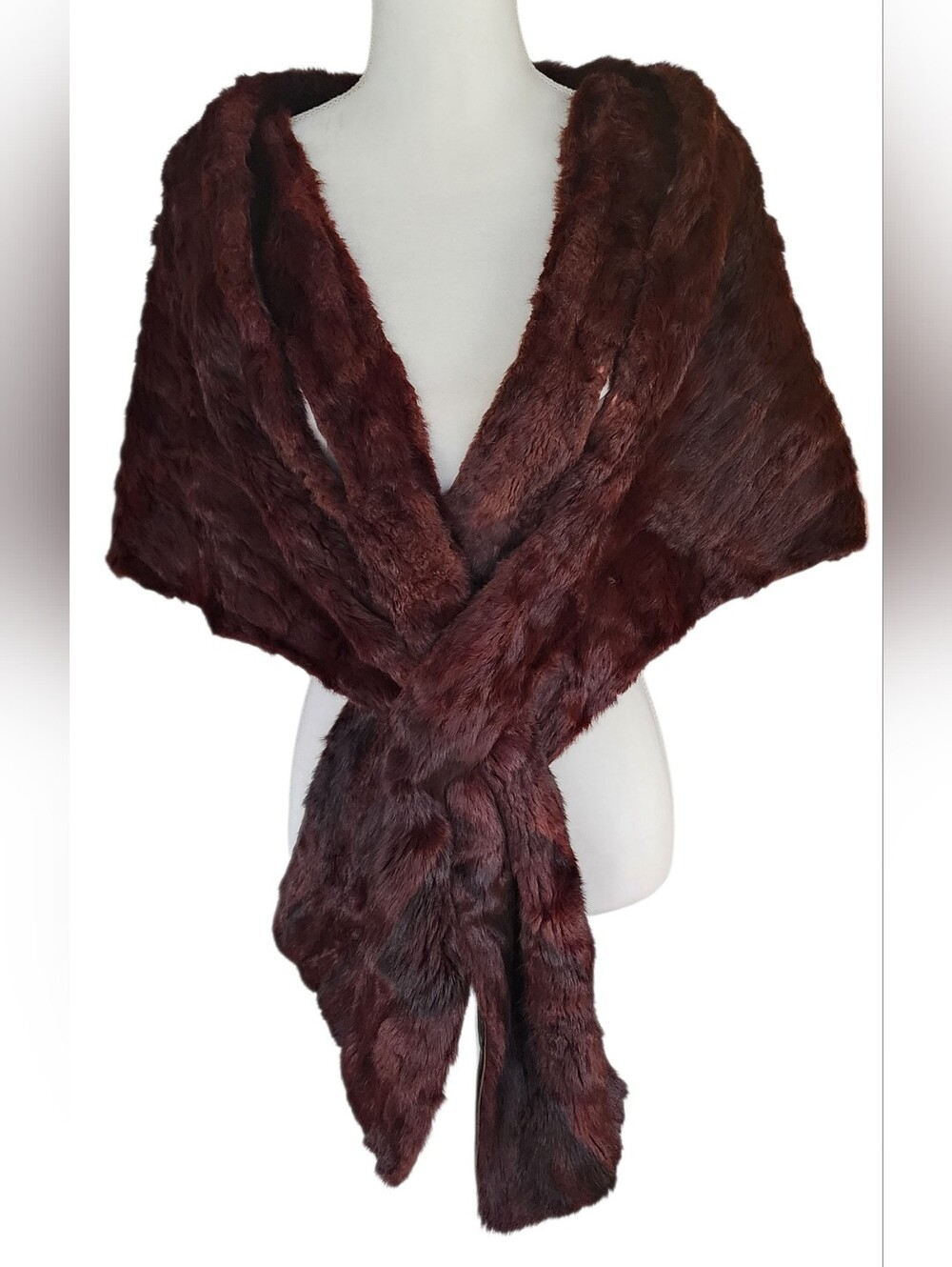 Vintage Plush Burgundy Faux Fur Wrap Shawl - Elegant Women’s Accessory